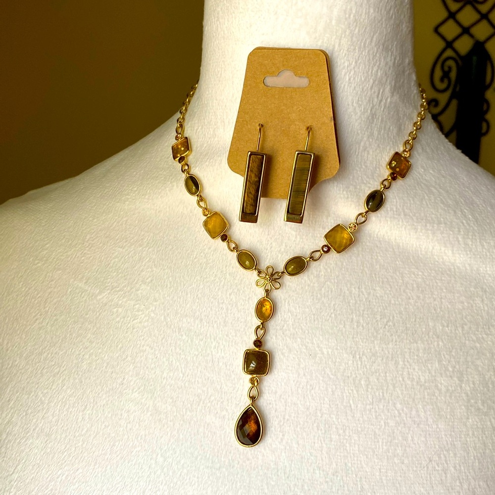 Vintage Gold Tone Acrylic Stone Necklace & Matching Earrings Yellow/Green/Amber